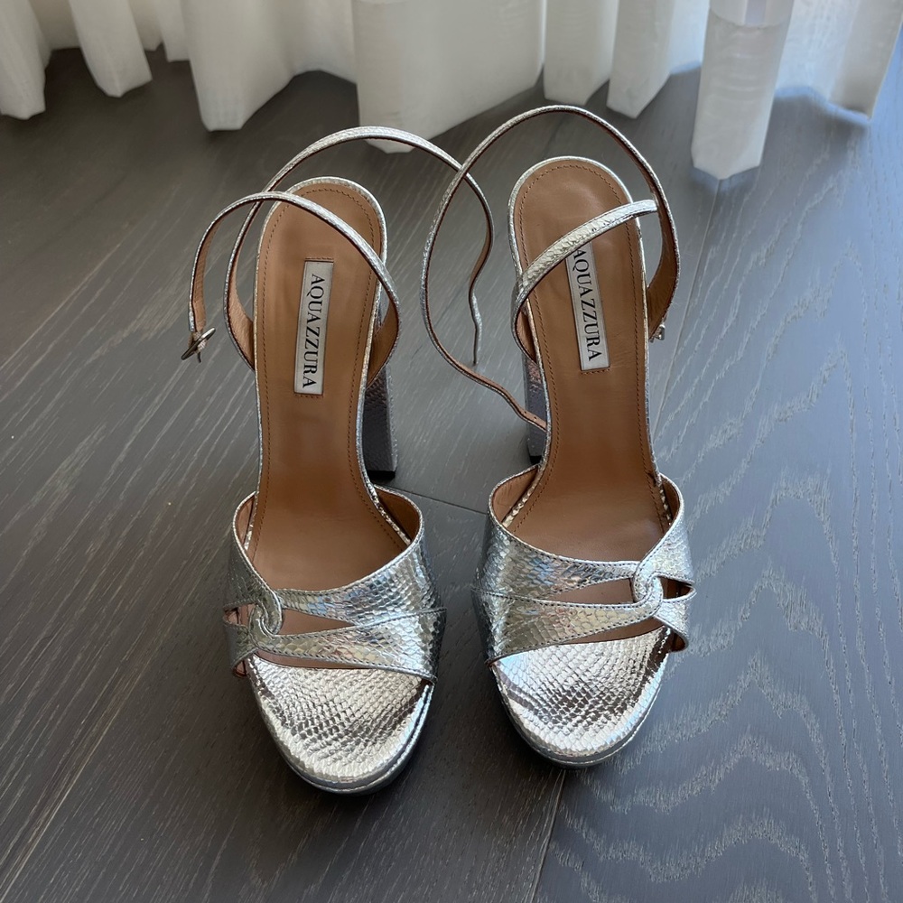 EUC Aquazzura Sinner Snake-Embossed Metallic Leather Sandals 38.5 (8.5w) $875